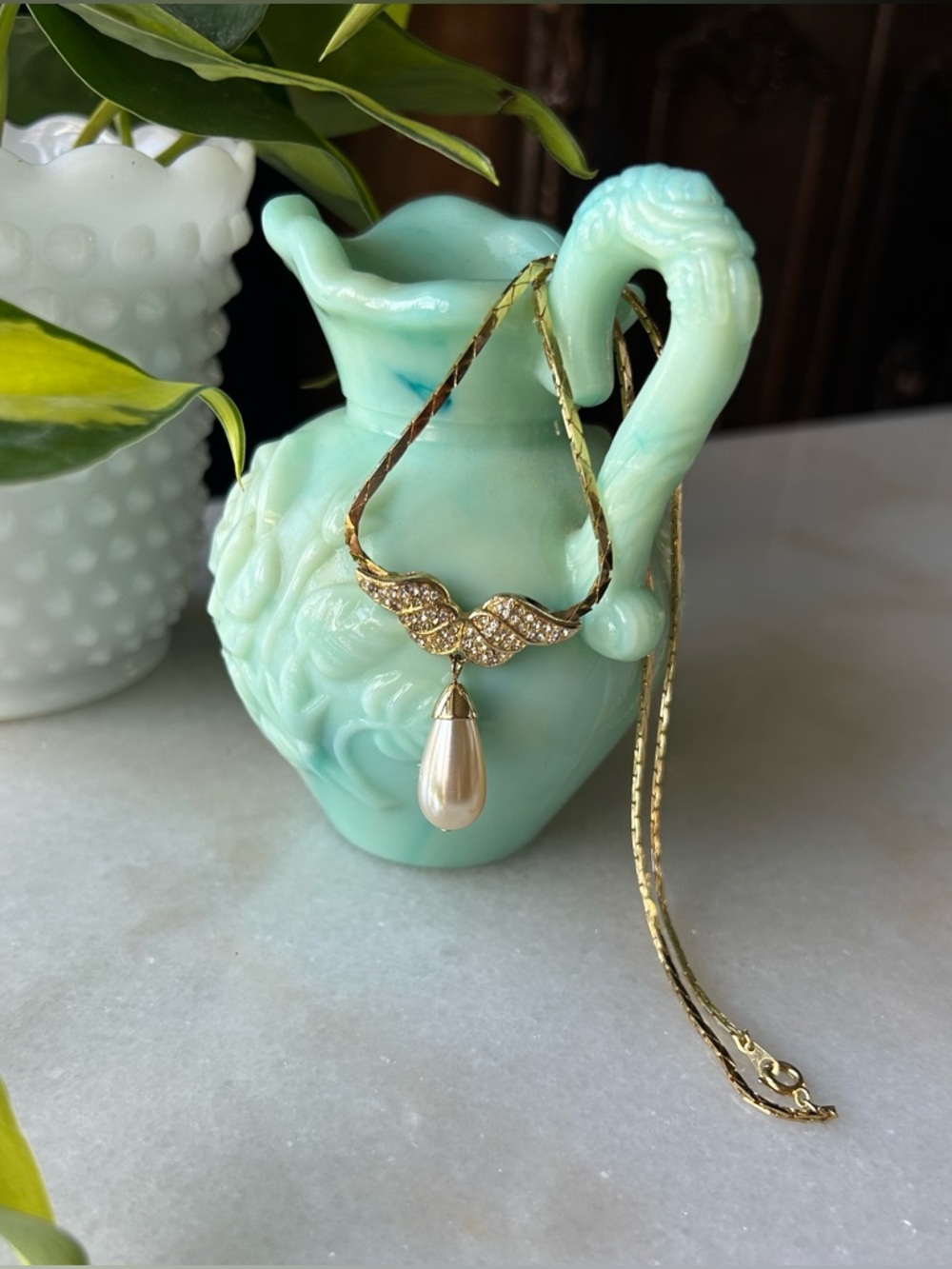 Vintage Napier Gold-Tone Pearl Teardrop Pendant Necklace, angel wing